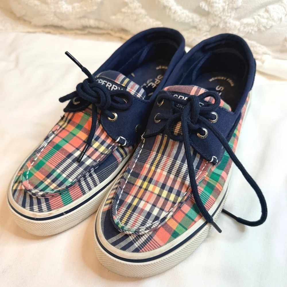 Sperry Boat Shoes Mens 9 Multi Plaid Excellent STS22097 Canvas Deck Sneakers